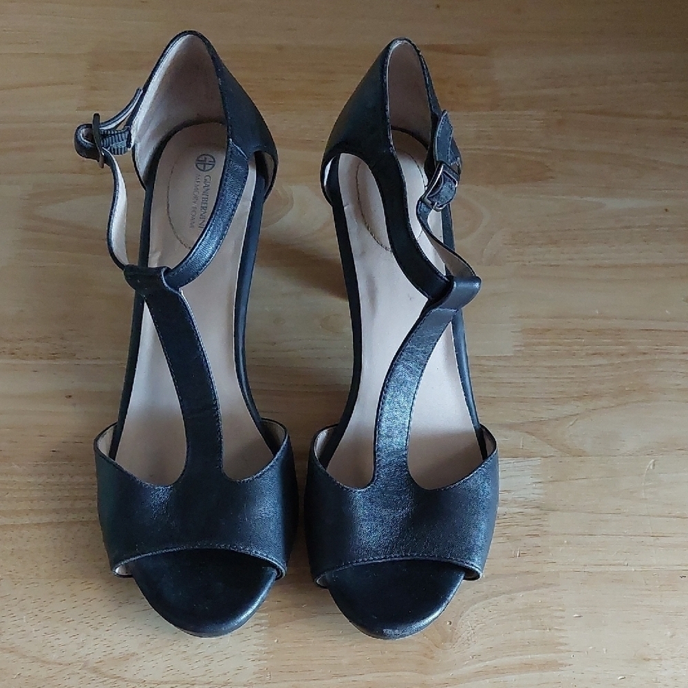 Black Butter Soft Leather Peep Toe Block Heels Giani BERNINI MEMORY FOAM 8